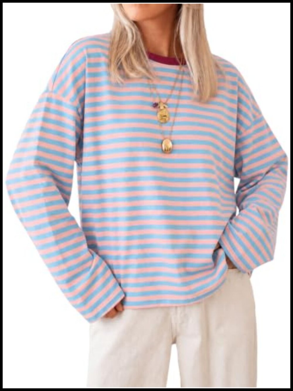 Striped Long Sleeve Crew Neck Loose Fit Cotton T-Shirt Casual Top